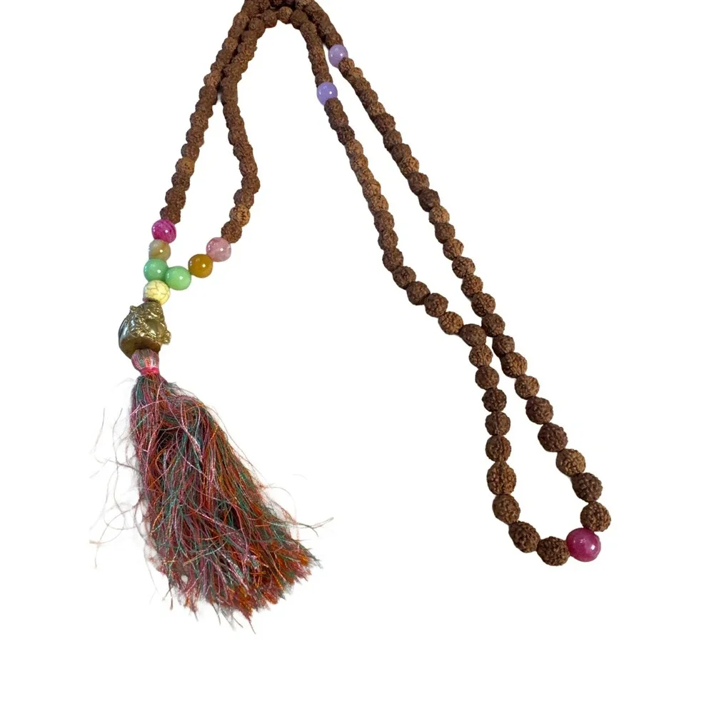 Boho Rudraksha Seed Mala Necklace Laughing Buddha Tassel Gemstone Beads VTG Yoga